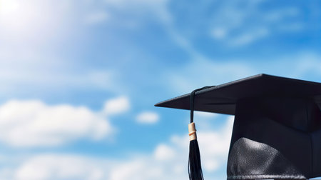 Graduation cap on blue sky background. Education and graduation concept.の素材