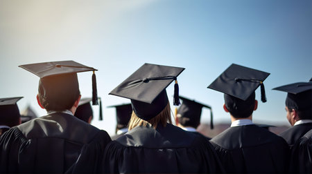 Back view of graduates in caps and gowns looking at the skyの素材