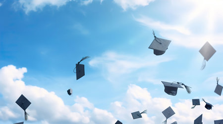 Graduation caps flying in the blue sky. Education concept. 3D Renderingの素材