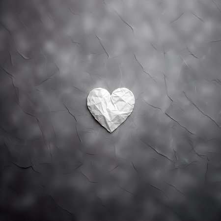 Abstract White Crumpled Paper Heart on Grey Wall Plaster Texture Background. A.I. Generated.の素材