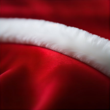 Close up of Santa Claus red and white fur on a red backgroundの素材