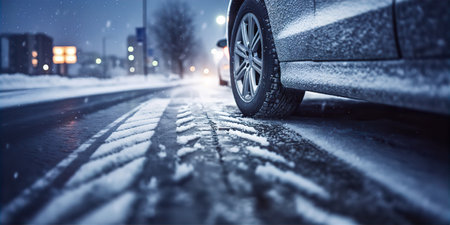 Abstract Car Tyre Snow Icy Ice Road Surface Dangerous Winter Weatherの素材