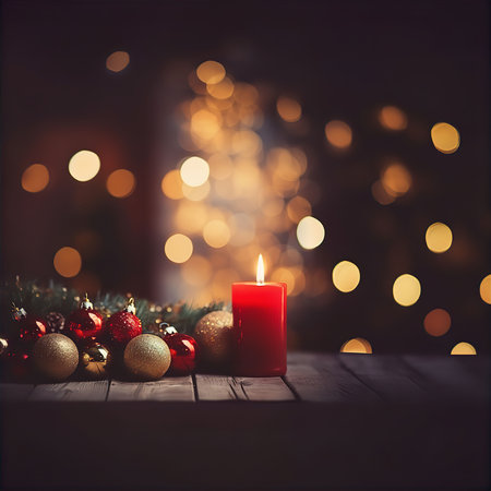 Christmas greeting card with red candle and baubles on a wooden tableの素材