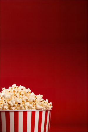 Popcorn in a striped bowl on a red background. Copy space.の素材