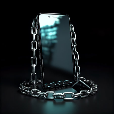 Smartphone with chain and lock on black background. 3d illustration.の素材