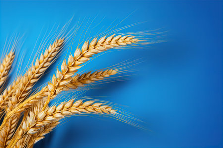 Ears of wheat on a blue background with space for text.の素材
