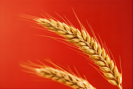 Ears of wheat on a red background. Close-up.の素材