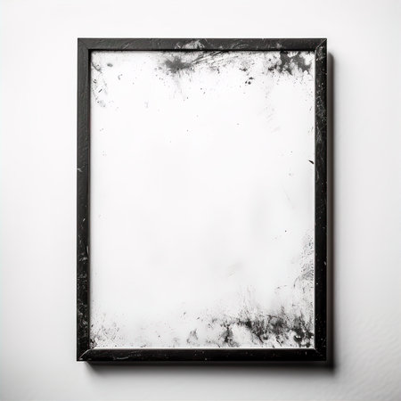 Black picture frame on white wall background. Mockup for design.の素材