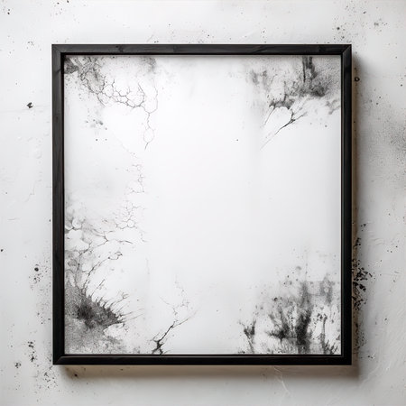 Black frame on a white wall with cracks. Mockup for designの素材
