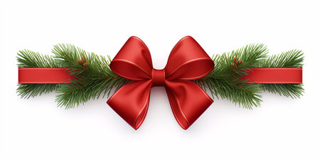Red Christmas Ribbon Blank Banner Pine Needles Garland White Backgroundの素材