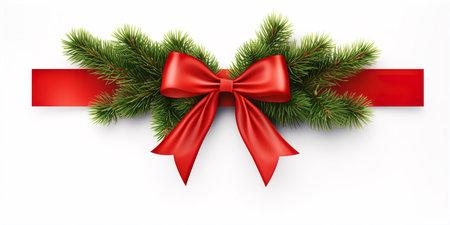 Red Christmas Ribbon Blank Banner Pine Needles Garland White Backgroundの素材