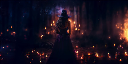 Young Witch Back Facing Away Mystical Magical Halloween Fantasy Poster Backgroundの素材