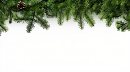 Christmas background with fir tree branches and pine cone on white background.の素材