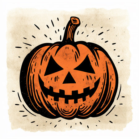 Orange Scary Halloween JackâOâLantern Pumpkin Block Print Illustrationの素材
