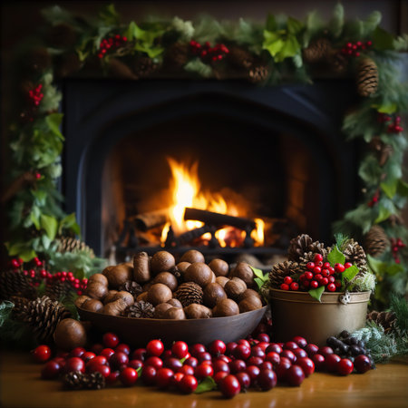 Chestnuts Traditional Open Fire Christmas Background Roasting Roasted Decorations Winter Autumnの素材