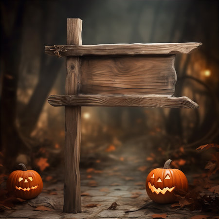 Rustic Wooden Blank Empty Sign Post Outdoors Halloween Backgroundの素材