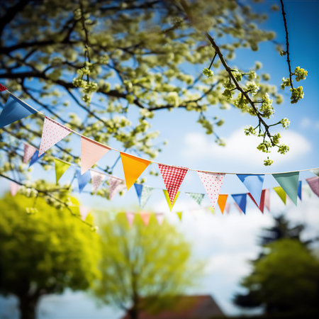 Decorated bunting flags and cherry blossoms on a sunny dayの素材