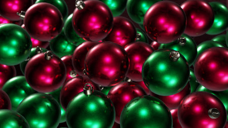 Colorful christmas baubles background, 3d render illustration Abstract Vintage Retro Red Green 3D Christmas Baubles Background Illustrationの写真素材