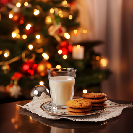 Glass of Milk Plate of Cookies Festive Christmas Tree Bokeh Lights Background Santaの素材