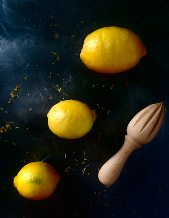 Three lemons of different sizes over black table and wood squeezer at the right side