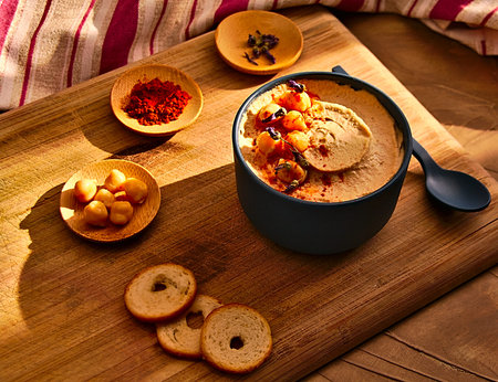 75 degrees still life of blue bowl full of hummus including paprika, chickpeas, lavender and bread,...