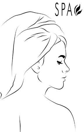 Abstract for spa with profile of a woman wearing towel on her head.の写真素材