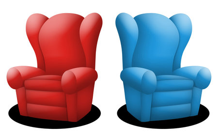 Couches in red and blue facing opposite each other.の写真素材