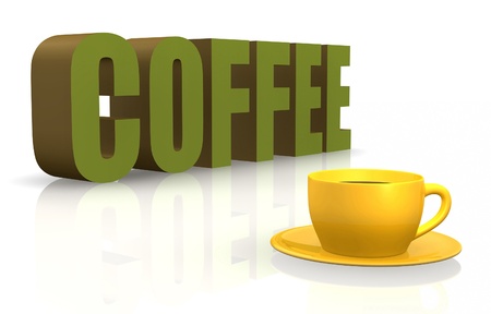 3D coffee word with cup and saucer.の写真素材
