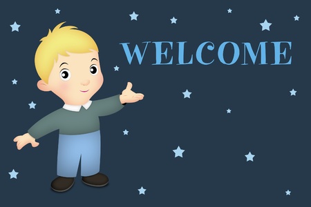 Little boy in welcoming pose with WELCOME word.の写真素材