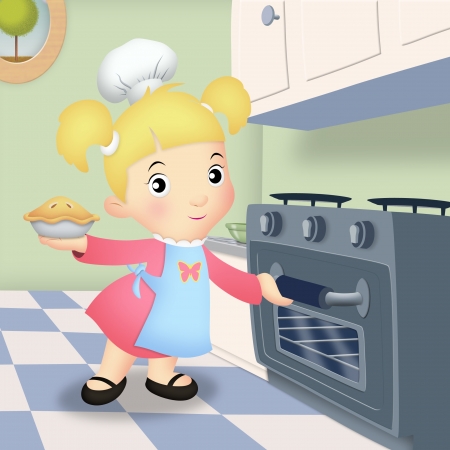 Girl in kitchen placing pie in oven の写真素材