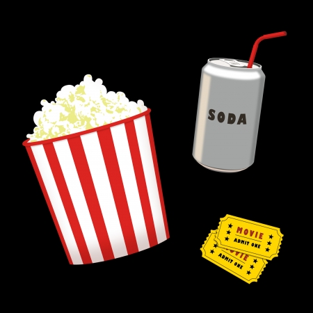 Popcorn, soda can and movie tickets.の写真素材