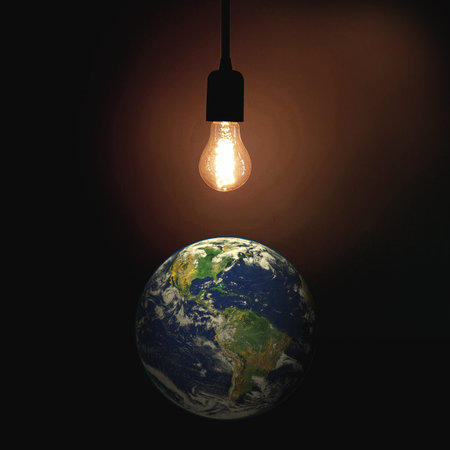 Light of the World sign with lightbulb and globe.