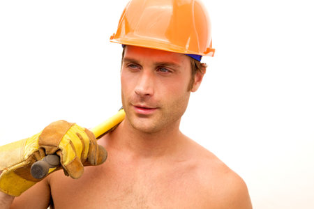 A hunky construction worker with an ax