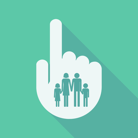 Illustration of a long shadow pointing finger hand with a conventional family pictogramのイラスト素材