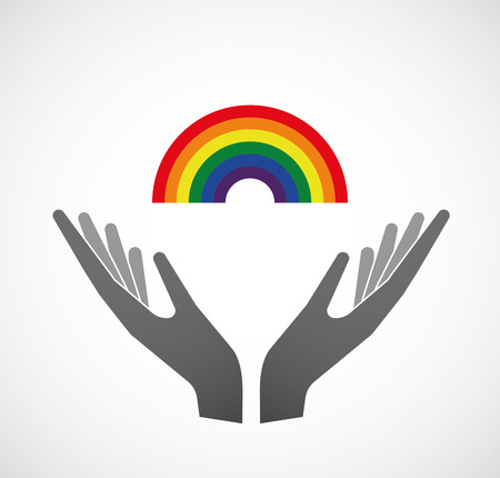 Illustration of two hands offering a rainbowのイラスト素材