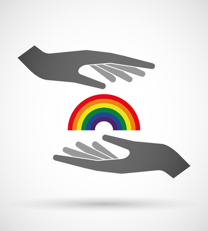 Illustration of two hands protecting or giving a rainbowのイラスト素材