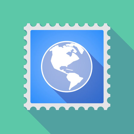 Illustration of a long shadow mail stamp icon with an America region world globeのイラスト素材