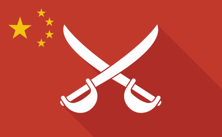 Illustration of a China long shadow flag with   two swords crossedのイラスト素材