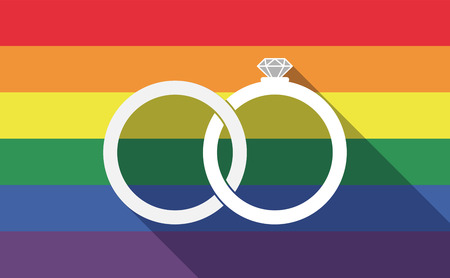Illustration of a long shadow gay pride flag with  two bonded wedding ringsのイラスト素材