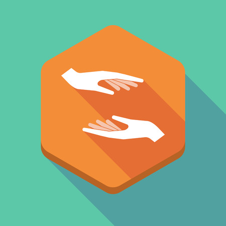 Illustration of a long shadow hexagon icon with  two hands giving and receiving  or protectingのイラスト素材