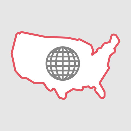 Illustration of an isolated line art  USA map icon with a world globeのイラスト素材