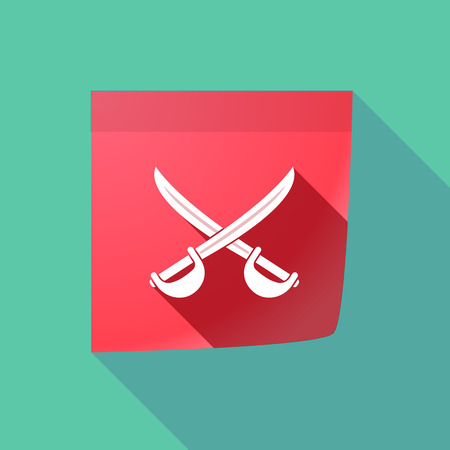 Illustration of a long shadow sticky note icon with  two swords crossedのイラスト素材