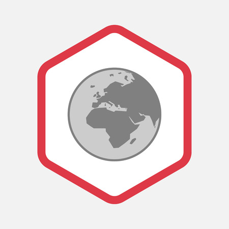 Illustration of an isolated hexagonal line art icon with   an Asia, Africa and Europe regions world globeのイラスト素材