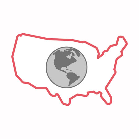 Illustration of an isolated line art map of USA with an America region world globeのイラスト素材