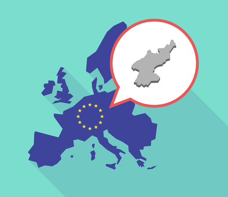 Illustration of a long shadow European Union map, its flag and a comic balloon with  the map of North Koreaのイラスト素材