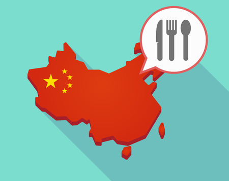 Illustration of a long shadow map of China, its flag and a comic balloon with cutleryのイラスト素材