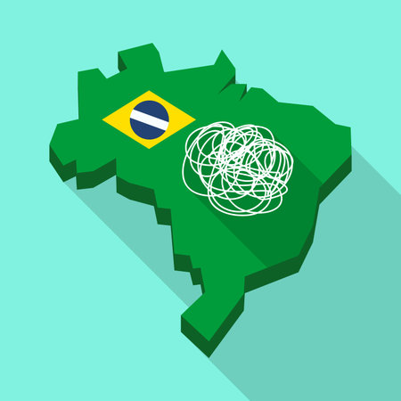 Illustration of a Long shadow map of Brazil, its flag and a doodleのイラスト素材