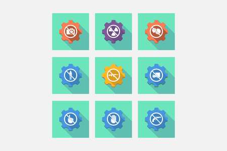 Group of long shadow gears with  prohibition related iconsのイラスト素材