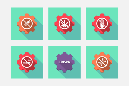 Group of long shadow gears with  health and wellness related iconsのイラスト素材