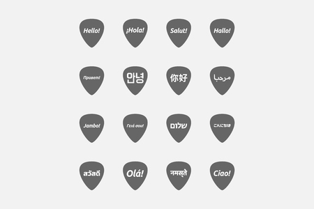 Group of guitar plectrums with  the word hello in different languagesのイラスト素材